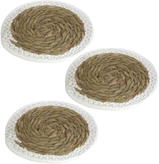 Gerimport Pannenonderzetter - Set van 3x stuks - zeegras - rond - 24x24 cm - naturel/wit - stevig - decoratief