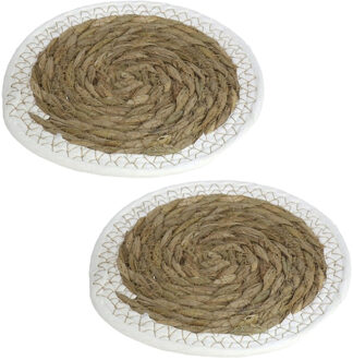 Gerimport Pannenonderzetter - Set van 4x stuks - zeegras - rond - 24x24 cm - naturel/wit - stevig - decoratief