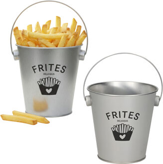 Gerimport Patat serveer emmertje - 2x - frites - zilver - metaal - 10 x 10 cm - serveren
