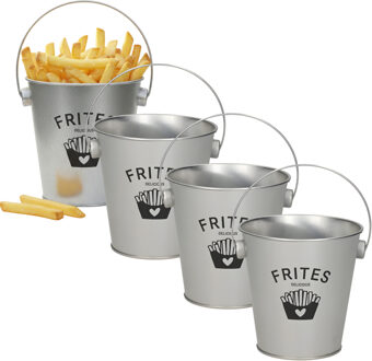 Gerimport Patat serveer emmertje - 4x - frites - zilver - metaal - 10 x 10 cm - serveren