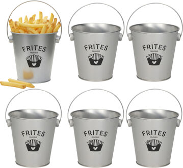 Gerimport Patat serveer emmertje - 6x - frites - zilver - metaal - 10 x 10 cm - serveren