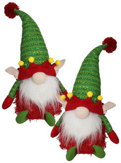 Gerimport Pluche kerst gnomes- 2x - kerstelf - H36 cm - decoratie pop - rood/groen