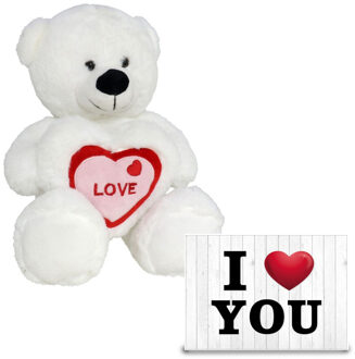 Gerimport Pluche knuffel Valentijn I Love You beertje 20cm met hartjes wenskaart - Knuffelberen Wit