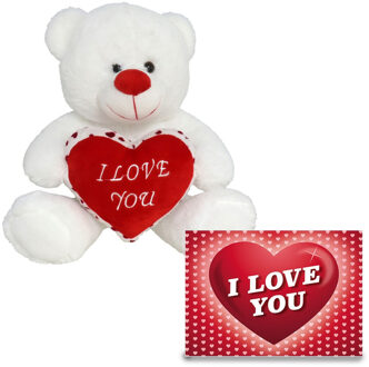 Gerimport Pluche knuffel Valentijn I Love You beertje 20cm met hartjes wenskaart - Knuffelberen Wit