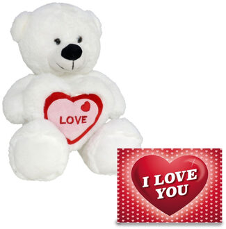 Gerimport Pluche knuffel Valentijn I Love You beertje 20cm met hartjes wenskaart - Knuffelberen Wit