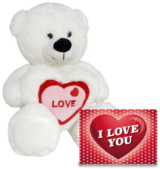 Gerimport Pluche knuffel Valentijn I Love You beertje 30cm met hartjes wenskaart - Knuffelberen Rood