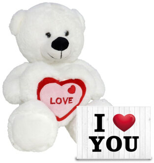 Gerimport Pluche knuffel Valentijn I Love You beertje 30cm met hartjes wenskaart - Knuffelberen Wit