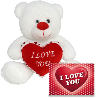 Gerimport Pluche knuffel Valentijn I Love You beertje 30cm met hartjes wenskaart - Knuffelberen Wit