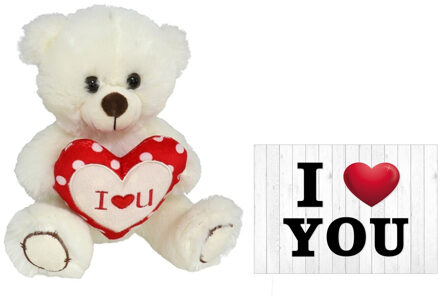 Gerimport Pluche knuffelbeer met I Love hartje - wit/rood - 20 cm - inc. wenskaart - Knuffelberen