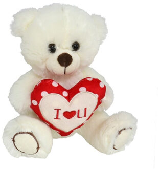 Gerimport Pluche knuffelbeer met I Love hartje - wit/rood - 20 cm