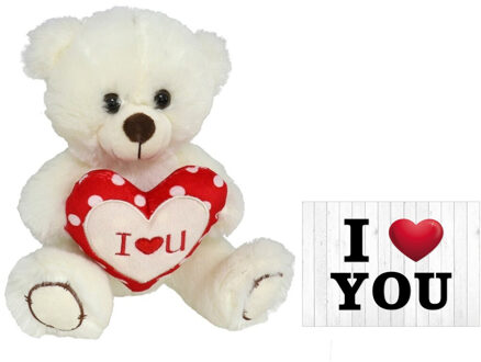 Gerimport Pluche knuffelbeer met I Love hartje - wit/rood - 30 cm - inc. wenskaart - Knuffelberen