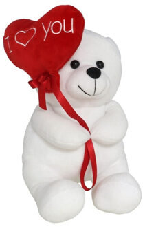 Gerimport Pluche knuffelbeer met I Love hartje - wit/rood - 30 cm - Knuffelberen