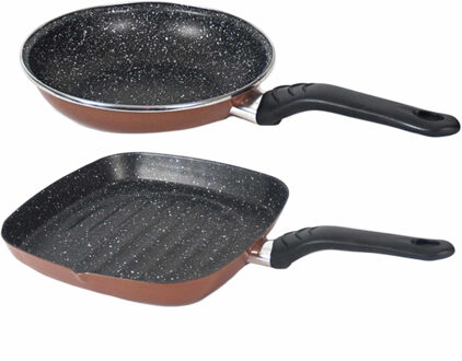 Gerimport Set van 2x stuks aluminium bruine koekenpan en grillpan Burgos met anti-aanbak laag