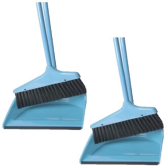 Gerimport Set van 2x stuks kunststof stoffer en blik met lange steel 24 x 82 cm blauw