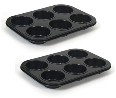 Gerimport Set van 2x stuks muffin bakvorm/bakblik rechthoek 27 x 19 x 3 cm zwart voor 12 stuks - Muffinvormen / cupcakevormen