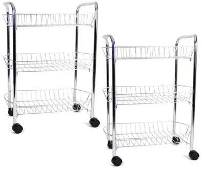 Gerimport Set van 2x stuks verchroomde keuken trolleys met manden 50 x 26 x 63 cm - Opberg trolley Zilverkleurig