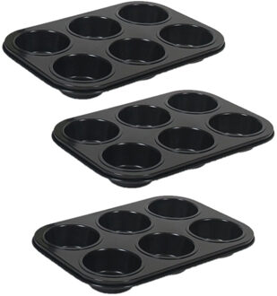 Gerimport Set van 3x stuks muffin bakvorm/bakblik rechthoek 27 x 19 x 3 cm zwart voor 18 stuks