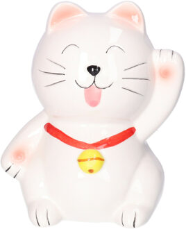 Gerimport Spaarpot Kat - dieren thema - 13 x 14 x 17 cm - wit/geel - porselein - kinderen