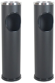 Gerimport Staande hoge asbak - Set van 2x stuks - metaal - zwart/zilver - D14 x H56 cm - Terras asbakken - bui