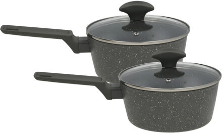 Gerimport Steel en sauspannen set - 2x stuks - zwart marble - D18 cm en D16 cm - aluminium - melk pan