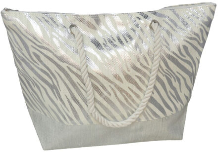 Gerimport strandtas - panterprint - zilver - touw handvat - 14 x 51 x 36 cm
