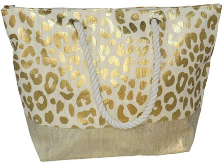 Gerimport strandtas Vivian - panterprint - goud - touw handvat - 14 x 51 x 36 cm