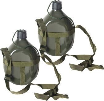 Gerimport Survival veldfles - 2x - kunststof - 1.7 liter - leger groen - veld flacon - noodpakket