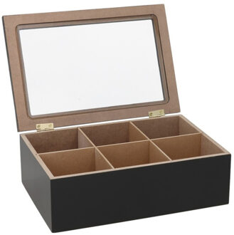 Gerimport Theedoos - zwart - 6-vaks - hout - 16 x 24 x 8 cm - met deksel