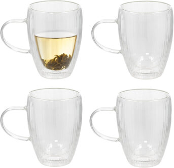 Gerimport Theeglazen Stripes - 4x - dubbelwandig - borosilicaatglas - 350 ml - H11,6 cm - koffieglas