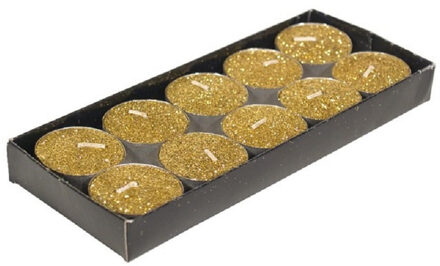 Gerimport Theelichtjes/waxinelichtjes kaarsjes - 10x st - goud glitters - 3,5 cm Goudkleurig