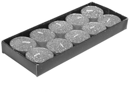 Gerimport Theelichtjes/waxinelichtjes kaarsjes - 10x st - zilver glitters - 3,5 cm