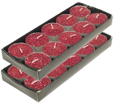 Gerimport Theelichtjes/waxinelichtjes kaarsjes - 20x st - rood glitters - 3,5 cm