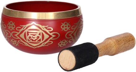 Gerimport Tibetaanse klankschaal met oosterse print - rood - met aanstrijkhout - messing - D12 x H7 cm