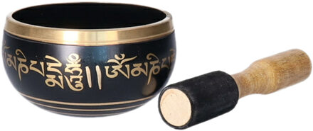 Gerimport Tibetaanse klankschaal met oosterse print - zwart - met aanstrijkhout - messing - D12 x H7 cm