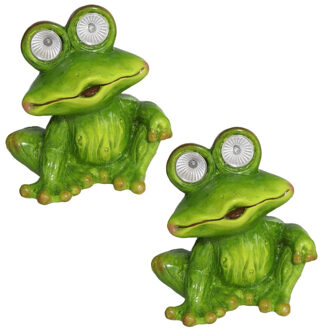 Gerimport Tuinbeeld dier kikker zittend - 2x - kunststeen - 20 x 14 cm - groen - Solar light ogen