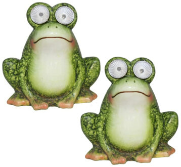 Gerimport Tuinbeeld dier kikker zittend - 2x - kunststeen - H11 cm - groen - Solar light ogen