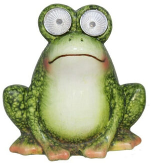 Gerimport Tuinbeeld dier kikker zittend - kunststeen - H11 cm - groen - Solar light ogen