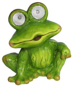 Gerimport Tuinbeeld dier kikker zittend - kunststeen - H20 cm - groen - Solar light kikker - Tuinbeelden