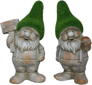 Gerimport Tuinkabouter beeldje - set van 2 - Dwarf Barry en Steef - grasgroen - 28 cm - polystone - Tuinbeelden Multikleur