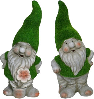 Gerimport Tuinkabouter beeldje - set van 2 - Dwarf Okkie en Manuel - grasgroen - 32 cm - Polystone - Tuinbeelden Multikleur