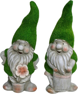 Gerimport Tuinkabouter beeldje - set van 2 - Dwarf Okkie en Sammy - grasgroen - 32 cm - Polystone - Tuinbeelden Multikleur