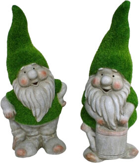 Gerimport Tuinkabouter beeldje - set van 2 - Dwarf Sammy en Manuel - grasgroen - 32 cm - Polystone - Tuinbeelden Multikleur