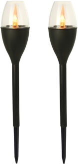 Gerimport Tuinlamp - 2x - solar - LED licht - kunststof - H37 cm - zwart - grondpin - vlam effect