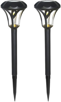 Gerimport Tuinlamp - 2x - solar - LED licht - kunststof - H38 cm - zwart - grondpin