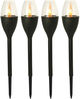 Gerimport Tuinlamp - 4x - solar - LED licht - kunststof - H37 cm - zwart - grondpin - vlam effect