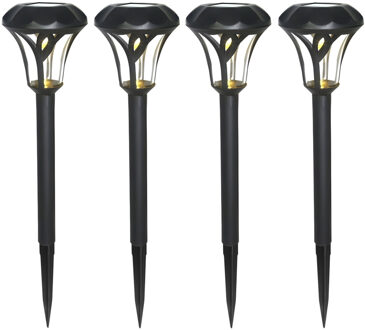 Gerimport Tuinlamp - 4x - solar - LED licht - kunststof - H38 cm - zwart - grondpin