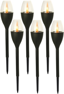 Gerimport Tuinlamp - 6x - solar - LED licht - kunststof - H37 cm - zwart - grondpin - vlam effect