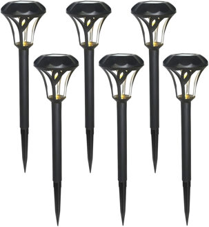 Gerimport Tuinlamp - 6x - solar - LED licht - kunststof - H38 cm - zwart - grondpin