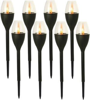 Gerimport Tuinlamp - 8x - solar - LED licht - kunststof - H37 cm - zwart - grondpin - vlam effect
