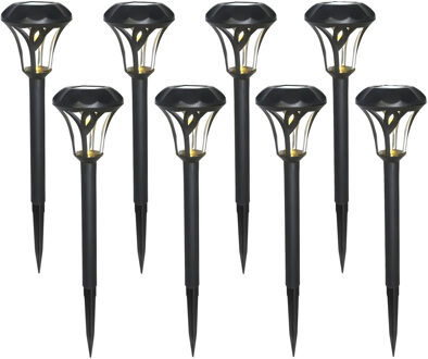Gerimport Tuinlamp - 8x - solar - LED licht - kunststof - H38 cm - zwart - grondpin